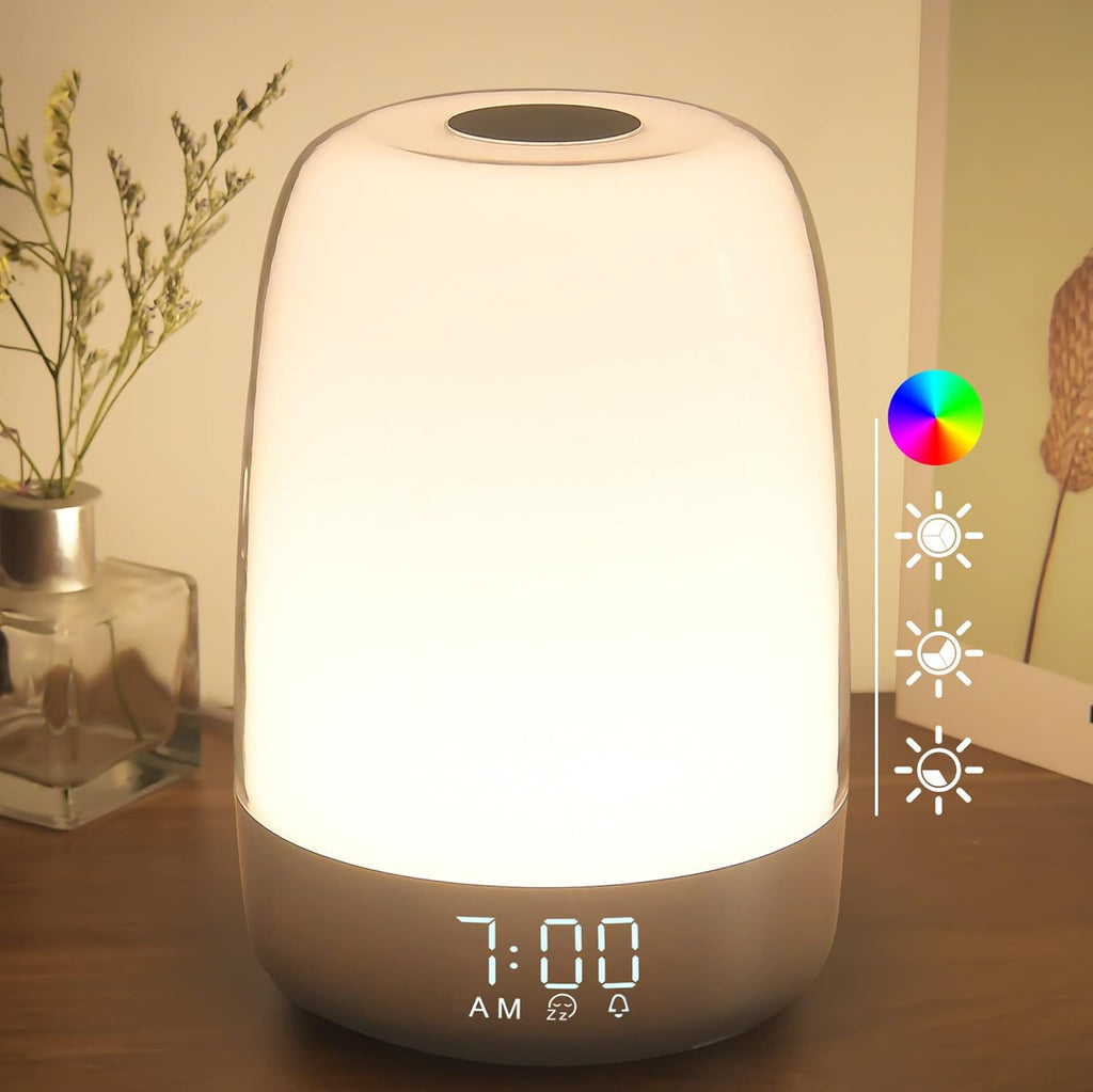 Ceas deșteptător cu lumină de răsărit - Lumină de trezire cu sunete naturale - Lumină de noapte reglabilă - Reîncărcabil prin USB-C