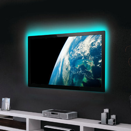 TV showing the Earth with a cyan glow on the wall behind
