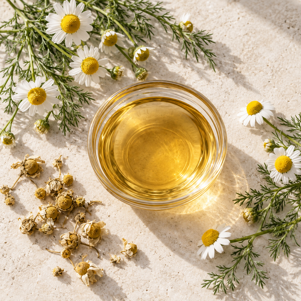 Chamomile flowers next to a bowl of chamomile tea