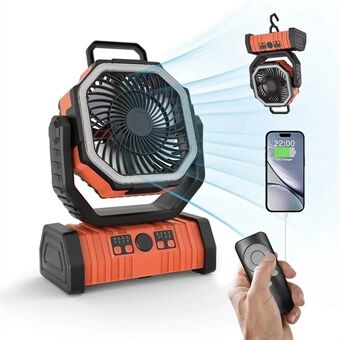 Kempingový ventilátor s LED světlem a powerbankou 20000mAh – USB dobíjecí – zelený a oranžový