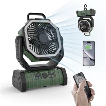 Kempingový ventilátor s LED světlem a powerbankou 20000mAh – USB dobíjecí – zelený a oranžový