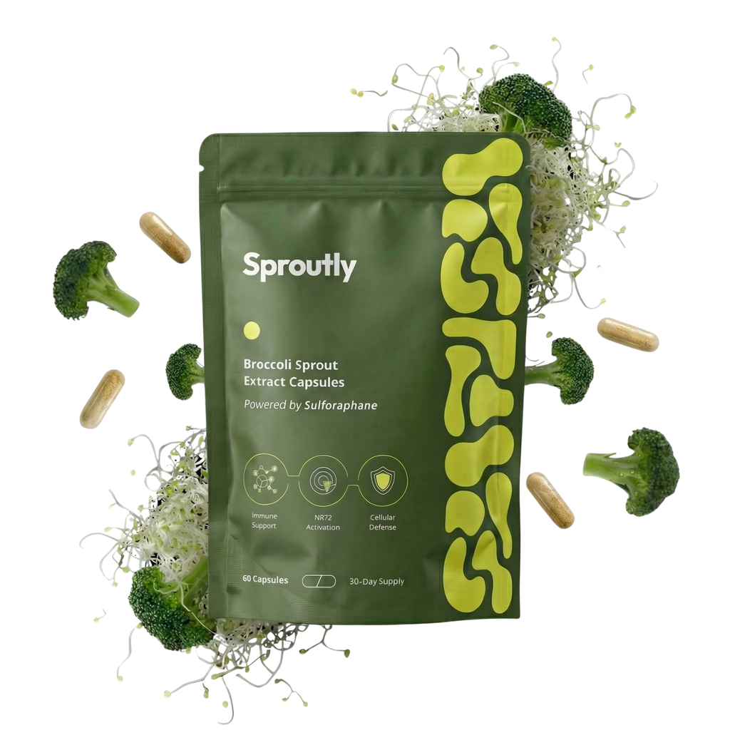 Supplement pouch surrounded by fresh broccoli and capsules
