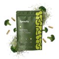 Supplement pouch surrounded by fresh broccoli and capsules