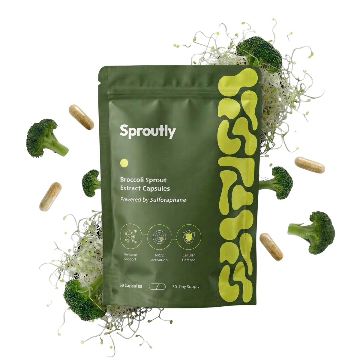 Supplement pouch surrounded by fresh broccoli and capsules