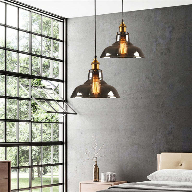 June Industrial Pendant Lamp — Clear, Amber & Smoke Grey Glass Shade
