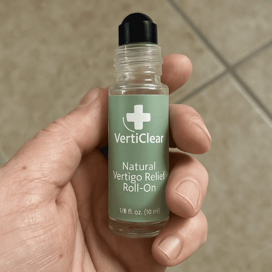 Hand holding the small green roll-on bottle
