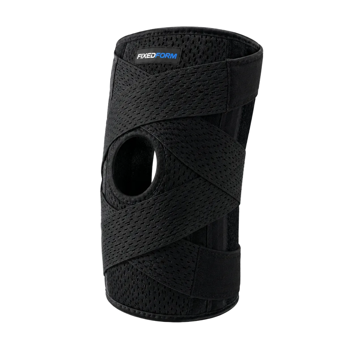 Black knee brace on a dark background showing the cross straps