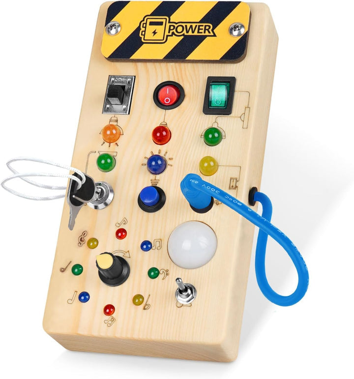 Montessori Wooden Activity Board with 8 LED Switches - Sensory Toys and Travel Toys for Babies and Toddlers from 1+ Years
