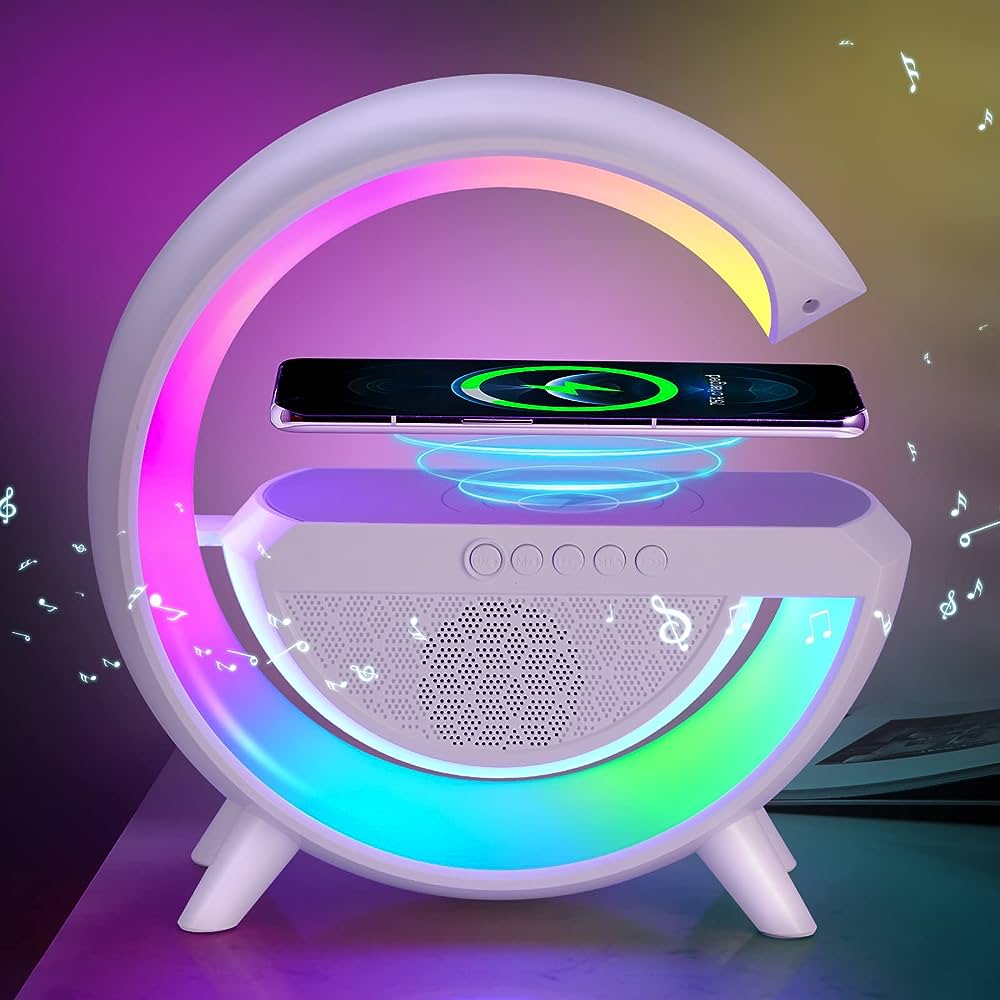 Smart väckarklocka - Bluetooth-högtalare - 15W trådlös laddare - RGB stämningsljus - Vit och svart