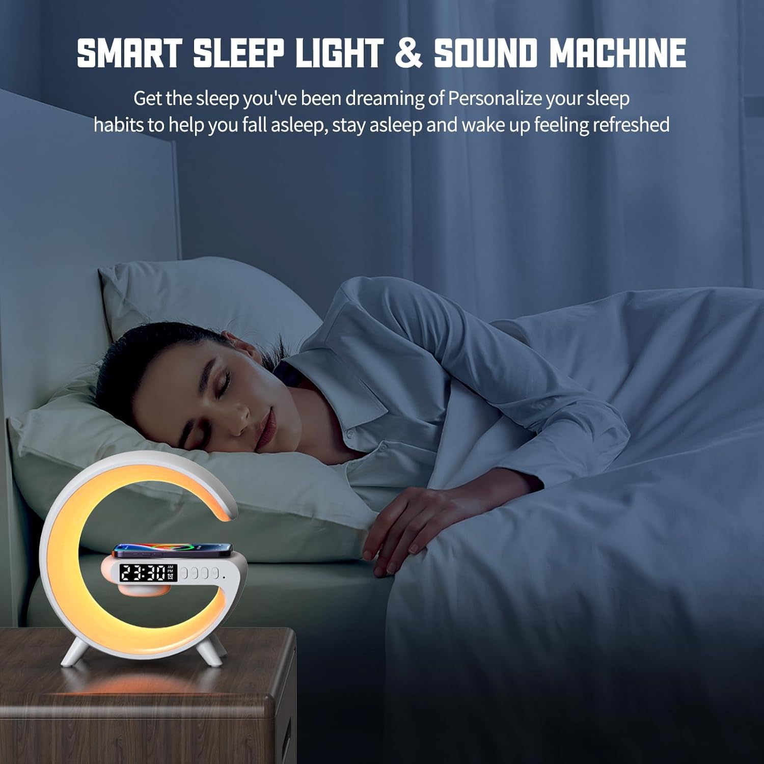 Smart väckarklocka - Bluetooth-högtalare - 15W trådlös laddare - RGB stämningsljus - Vit och svart