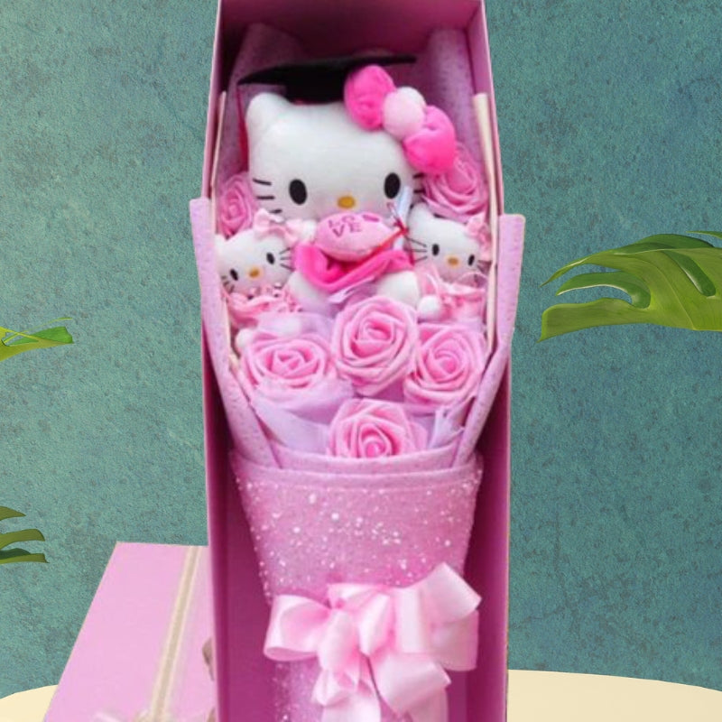 Bukiet kwiatów Hello Kitty z kolorowymi sztucznymi kwiatami i figurkami Hello Kitty