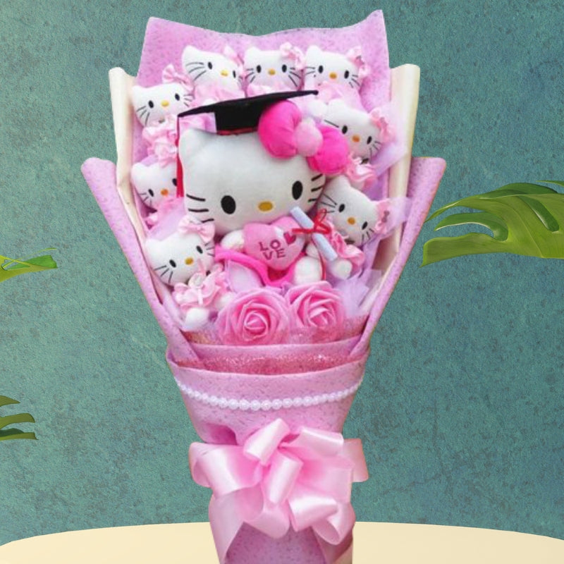 Bukiet kwiatów Hello Kitty z kolorowymi sztucznymi kwiatami i figurkami Hello Kitty