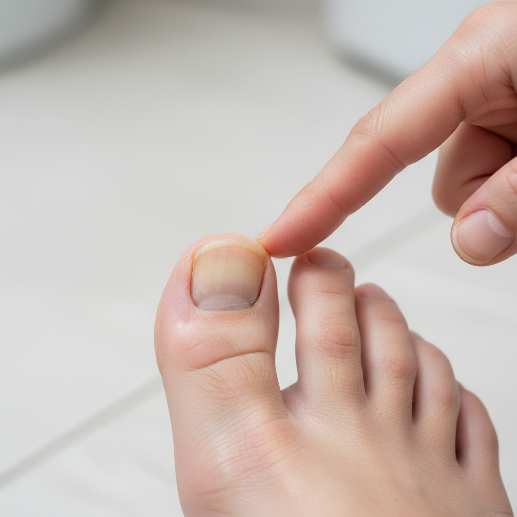 Finger pointing at a big toenail