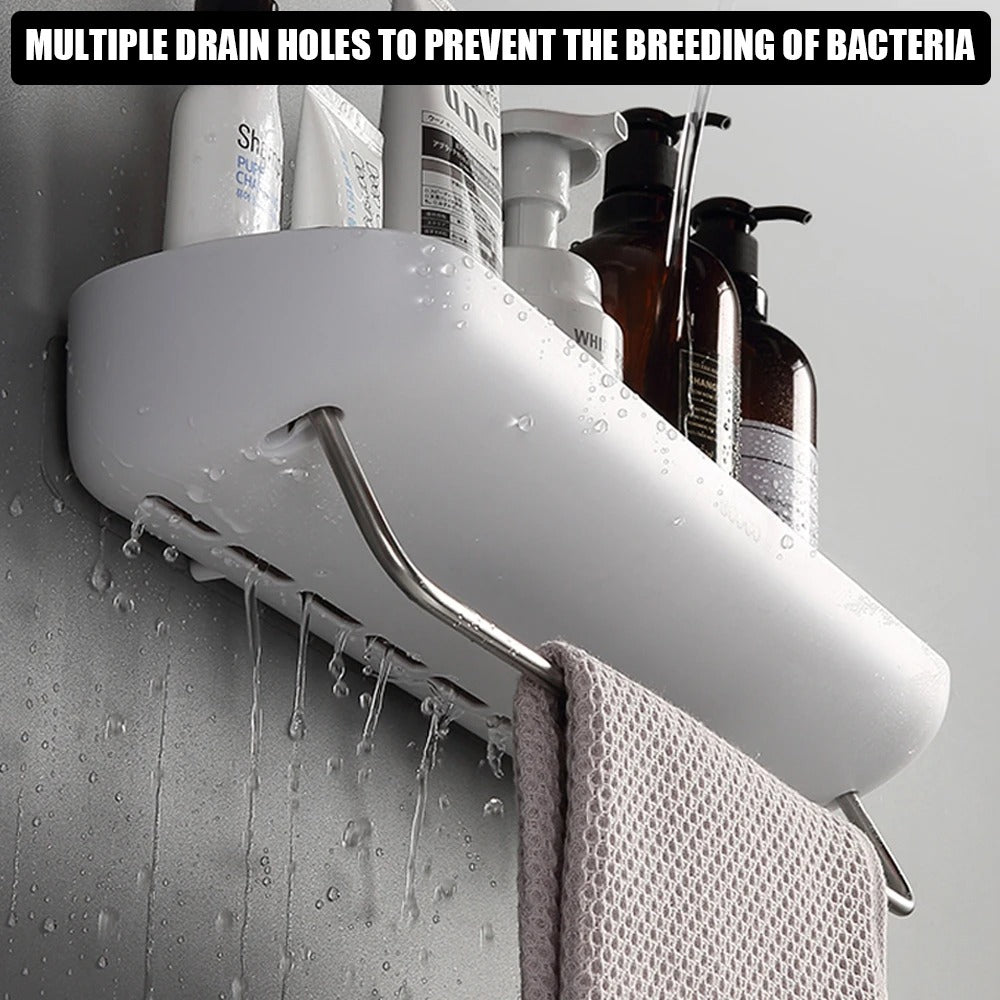 Organisateur de douche mural avec barre à serviettes et étagère sans perçage pour rangement de shampooing