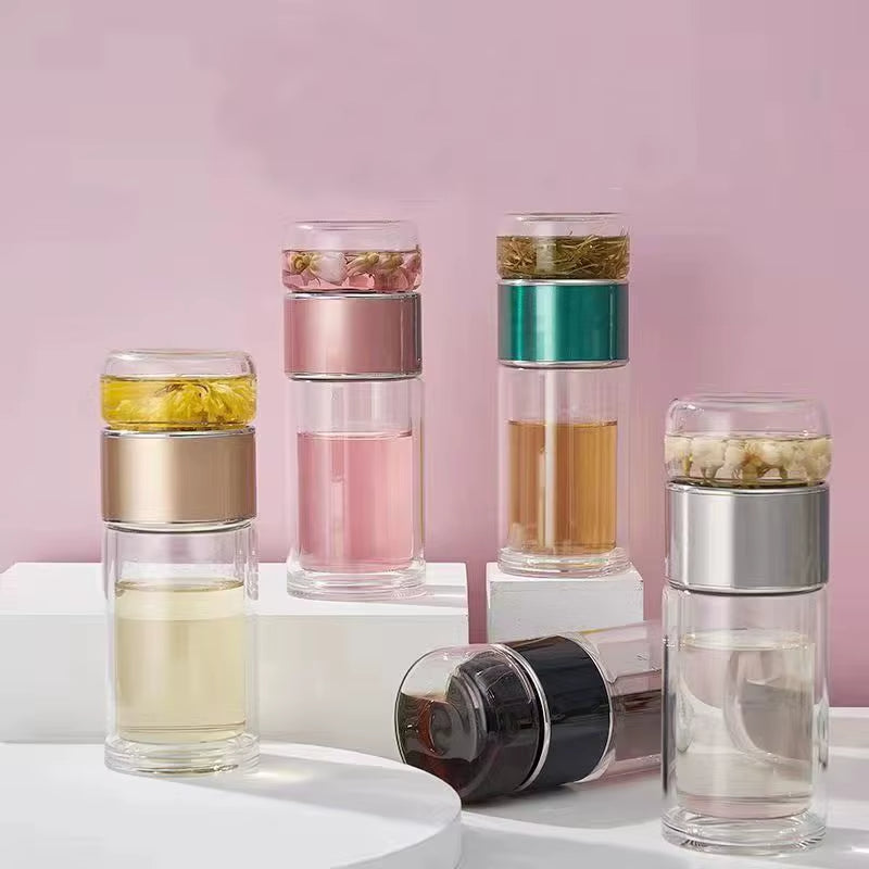Glass Tea Infuser Bottle – Double-Wall, Separate Tea Chamber, Leakproof, 430 ml