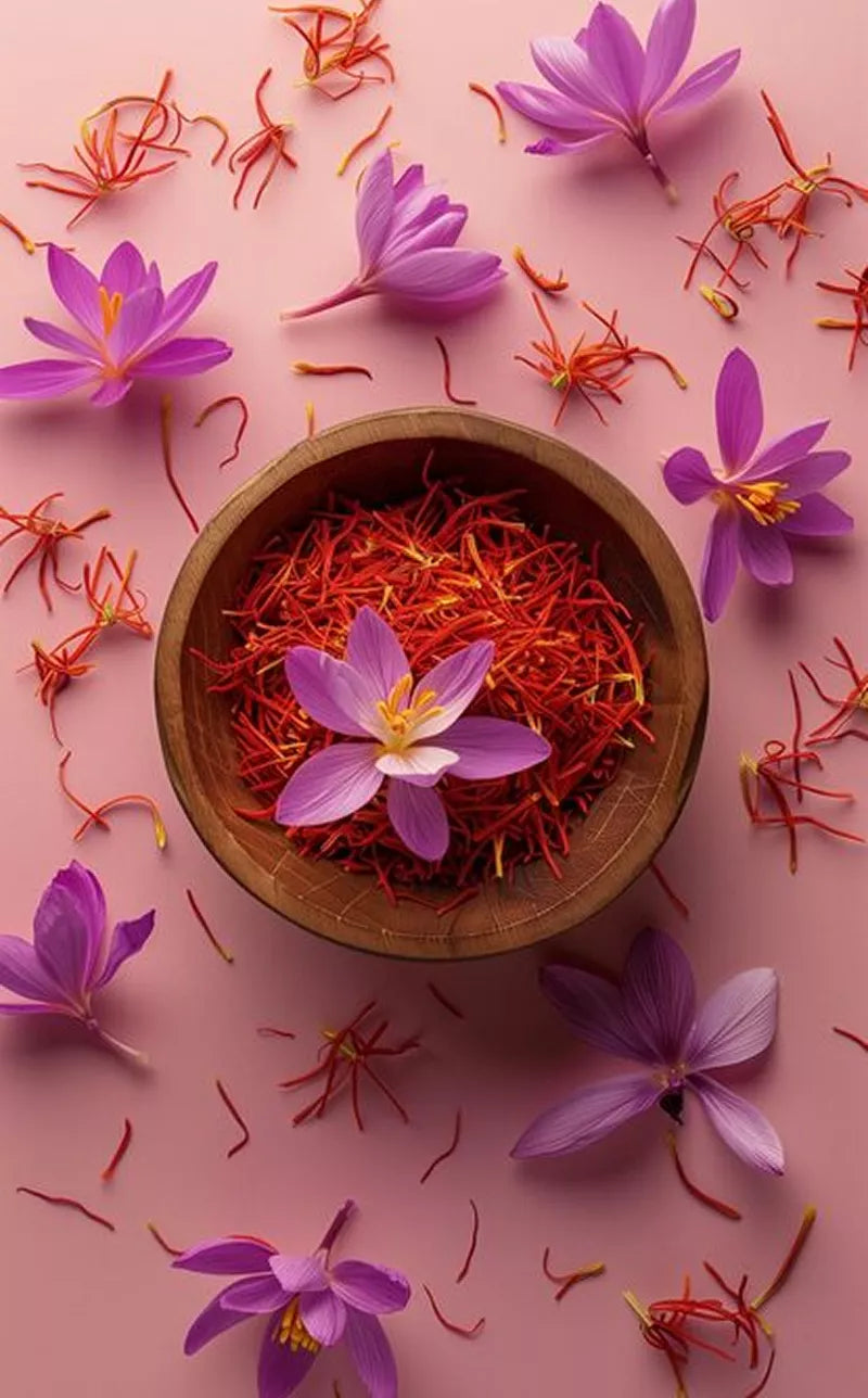 Bowl of saffron threads with purple crocus flowers