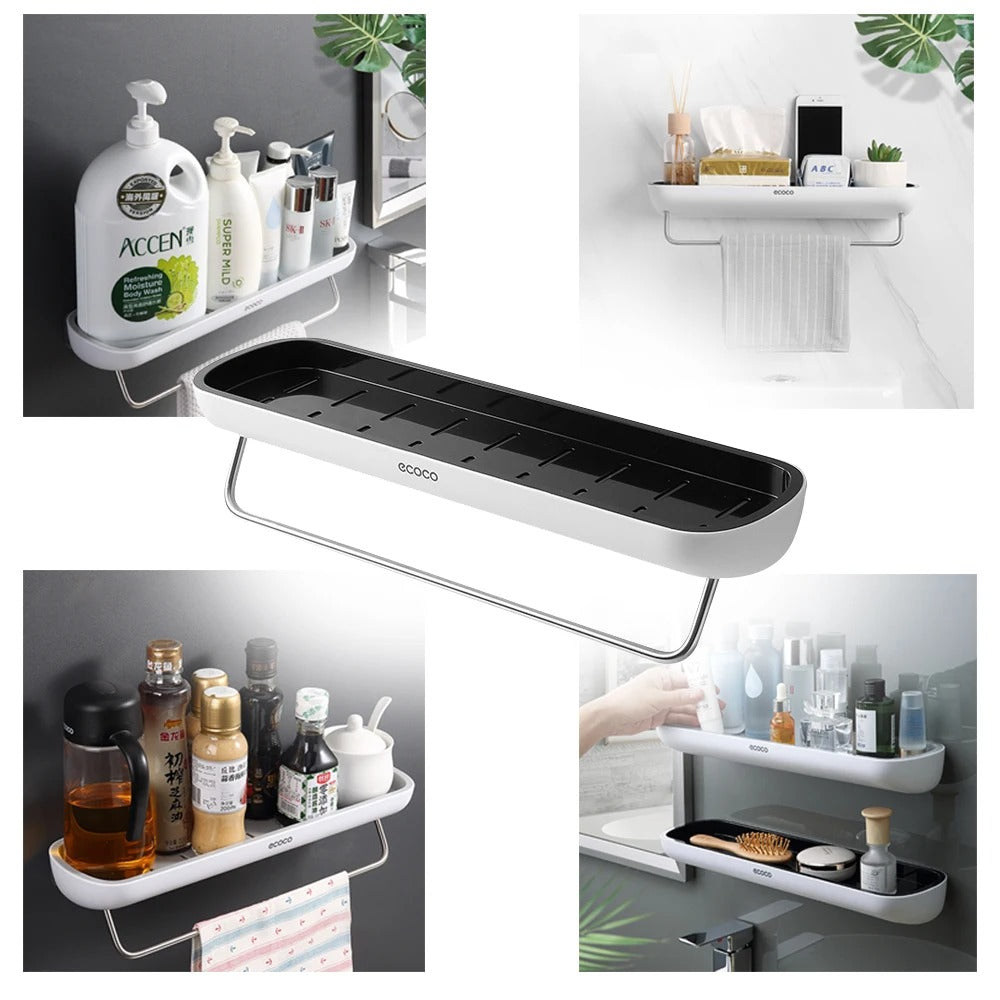 Organisateur de douche mural avec barre à serviettes et étagère sans perçage pour rangement de shampooing