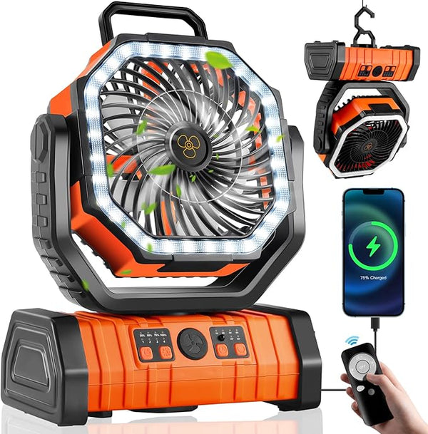 Kempingový ventilátor s LED světlem a powerbankou 20000mAh – USB dobíjecí – zelený a oranžový