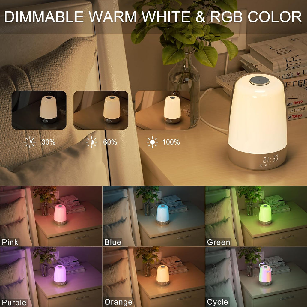 Ceas deșteptător cu lumină de răsărit - Lumină de trezire cu sunete naturale - Lumină de noapte reglabilă - Reîncărcabil prin USB-C