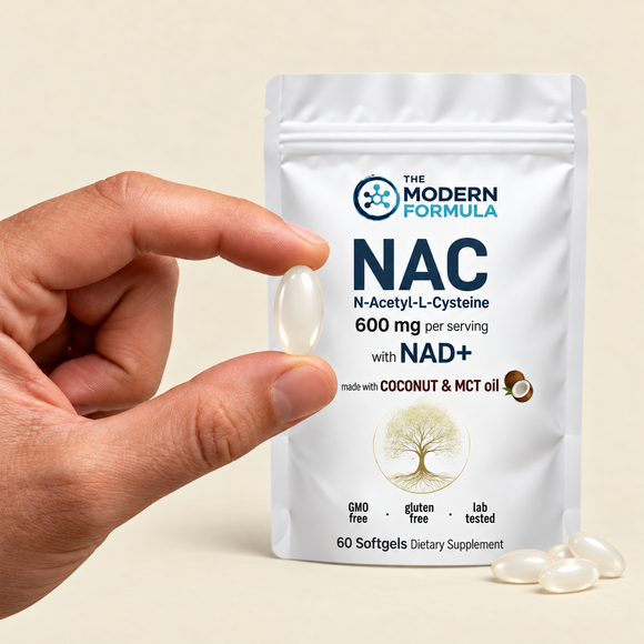 Hand holding a pouch of NAC softgels