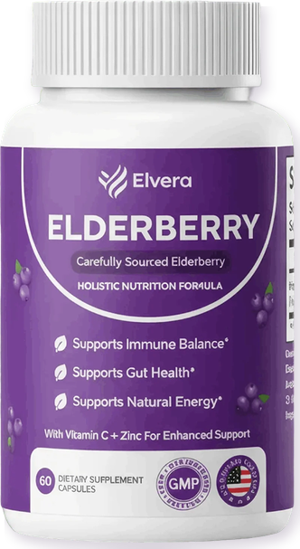 Bottle of elderberry capsules with zinc and vitamin C