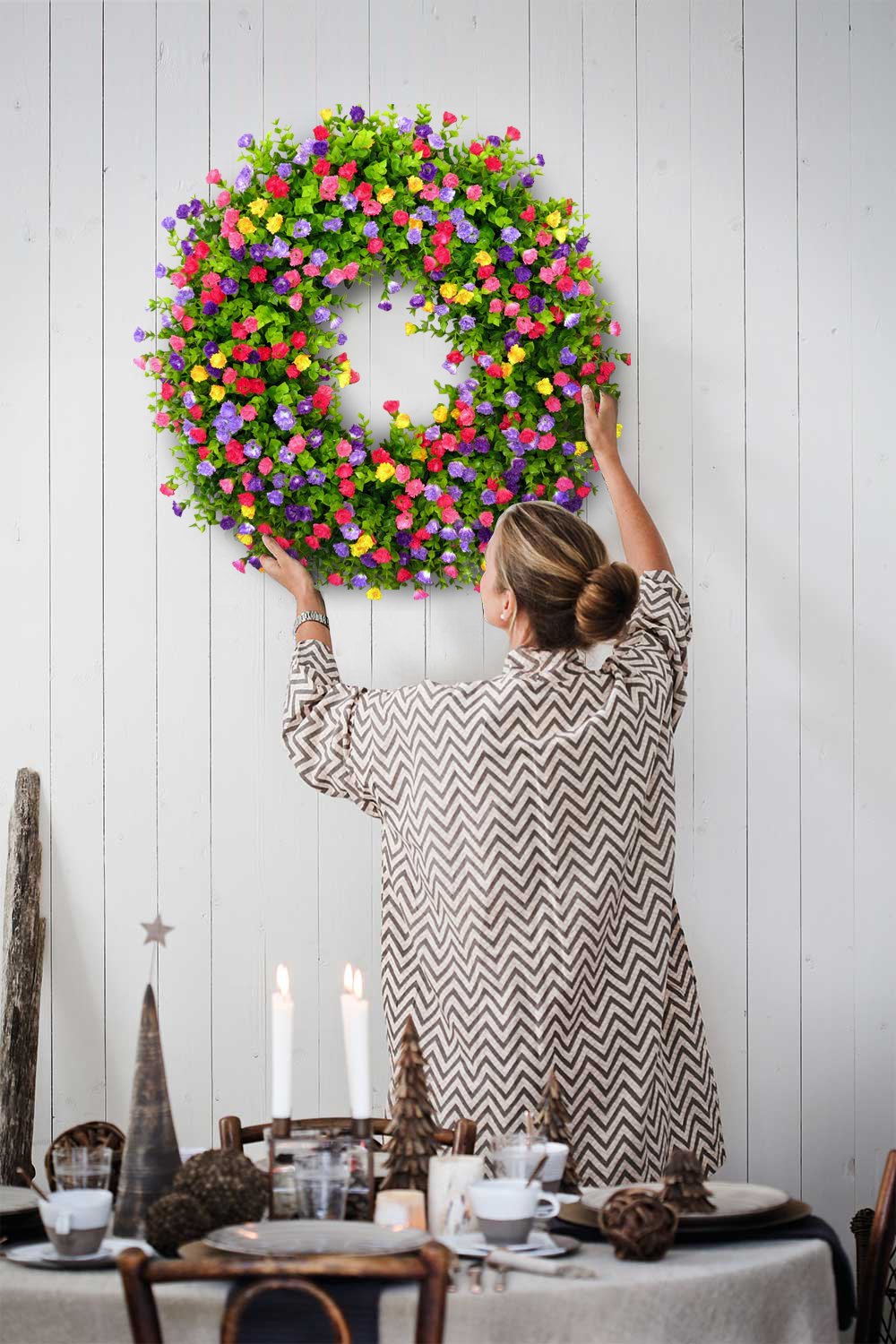 MeadowAura BloomWreath Ghirlanda Primaverile ed Estiva per Porta d'Ingresso con Accento Floreale e Rami di Vite
