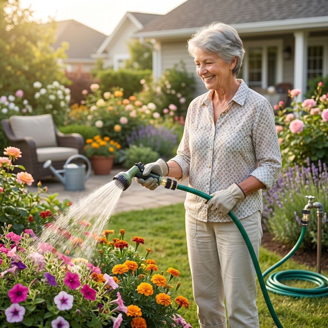 Woman watering a colourful flower bed with a hose nozzle