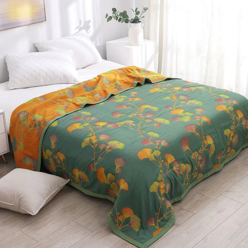 Ginkgo-Blätter Blumenmuster Wendebettüberwurf für Schlafzimmer