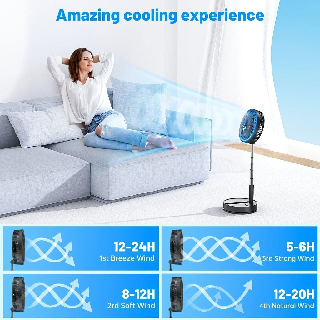 Ventilatore da pavimento pieghevole ricaricabile con batteria da 7200mAh e telecomando, 4 velocità