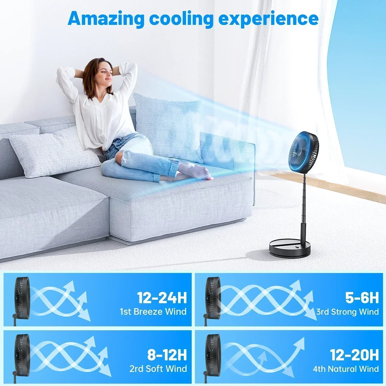 Ventilatore da pavimento pieghevole ricaricabile con batteria da 7200mAh e telecomando, 4 velocità
