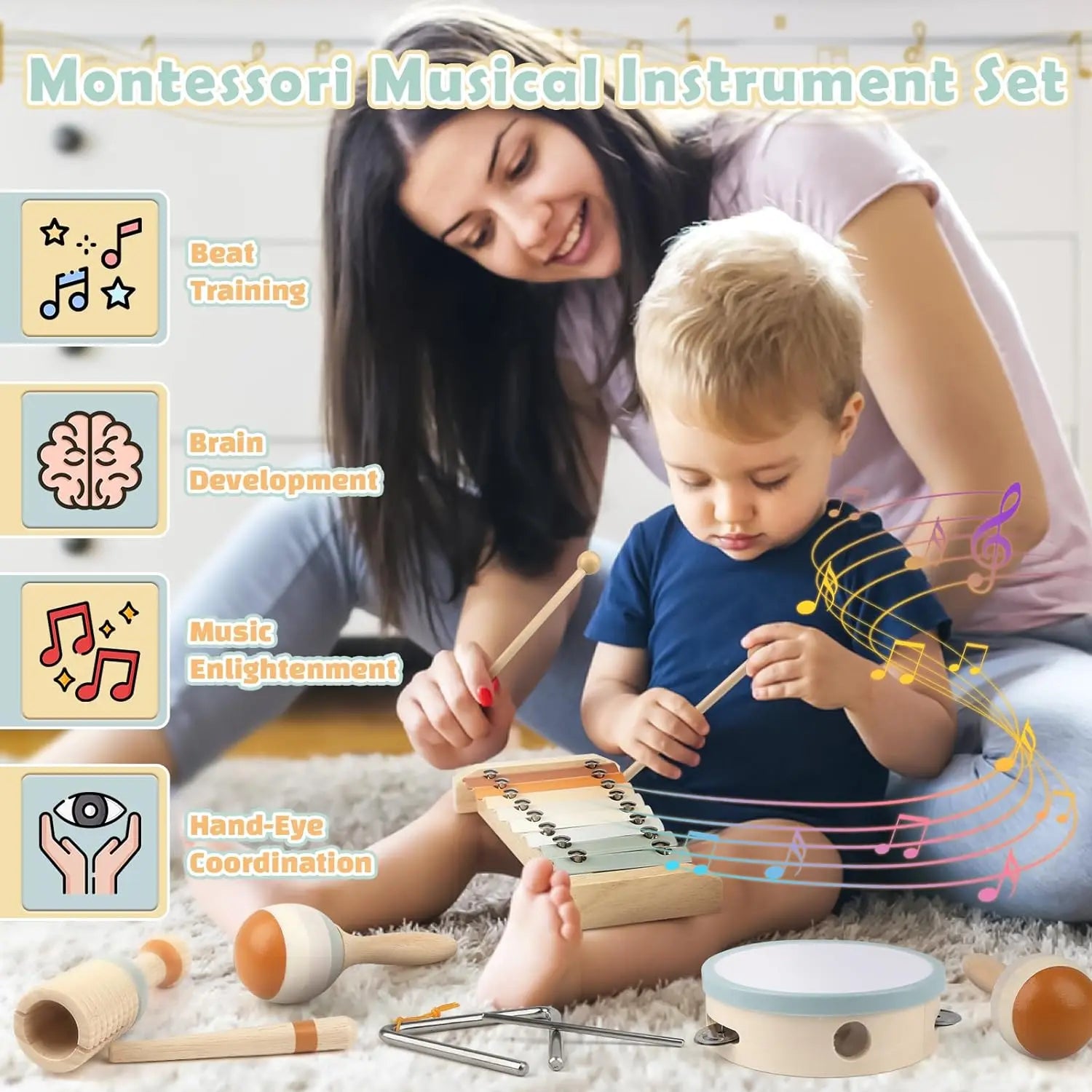 MelodyNest Holz-Montessori-Musikset für Kleinkinder mit gestimmtem Xylophon und Maracas