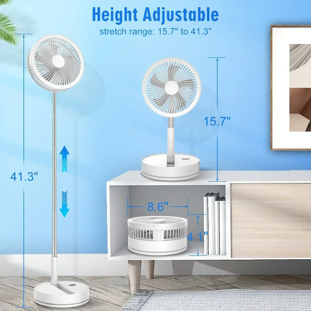 Ventilatore da pavimento pieghevole ricaricabile con batteria da 7200mAh e telecomando, 4 velocità