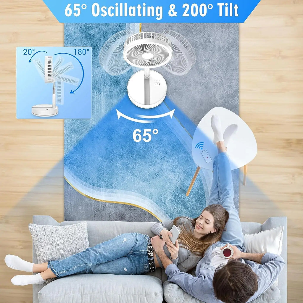 Ventilatore da pavimento pieghevole ricaricabile con batteria da 7200mAh e telecomando, 4 velocità