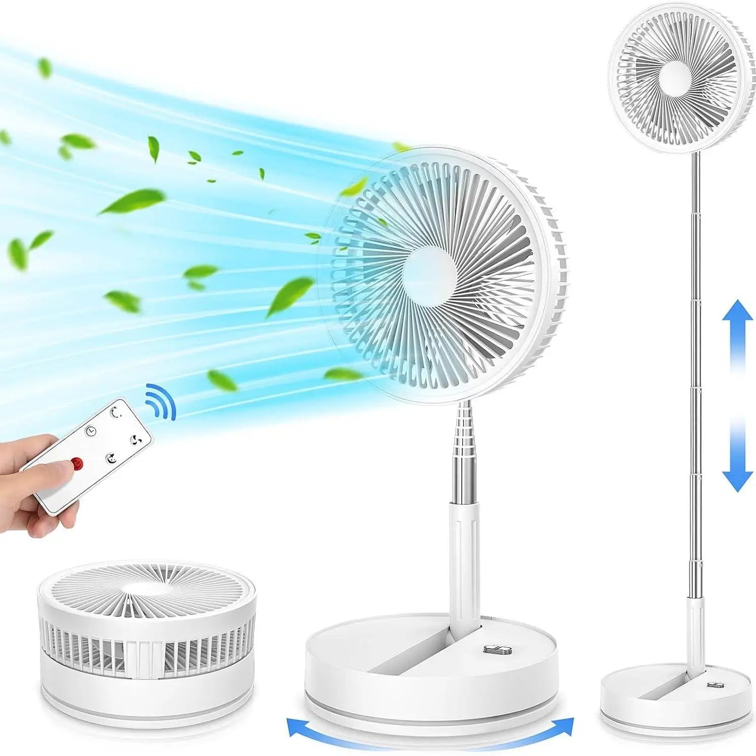 Ventilatore da pavimento pieghevole ricaricabile con batteria da 7200mAh e telecomando, 4 velocità
