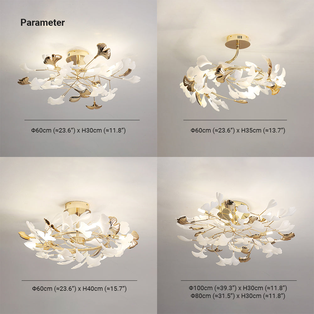 Elegancka lampa sufitowa Olivia z motywem liści — ceramiczno-metalowa, przylegająca do sufitu, złota