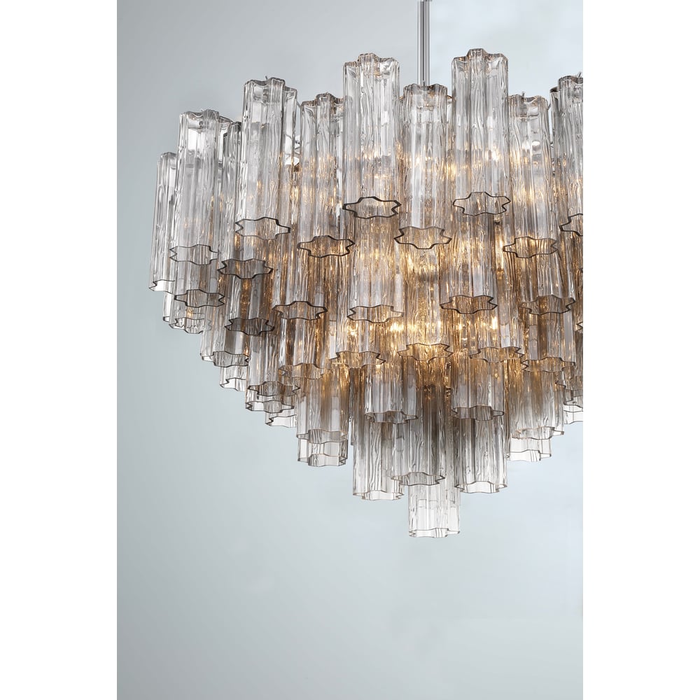 Lustra Murano -kruunu — kerrostetut meripihkanväriset lasiputket, tähtimäinen muotoilu