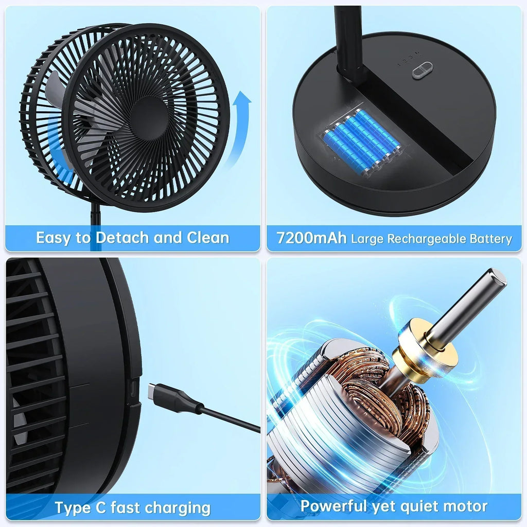 Ventilatore da pavimento pieghevole ricaricabile con batteria da 7200mAh e telecomando, 4 velocità