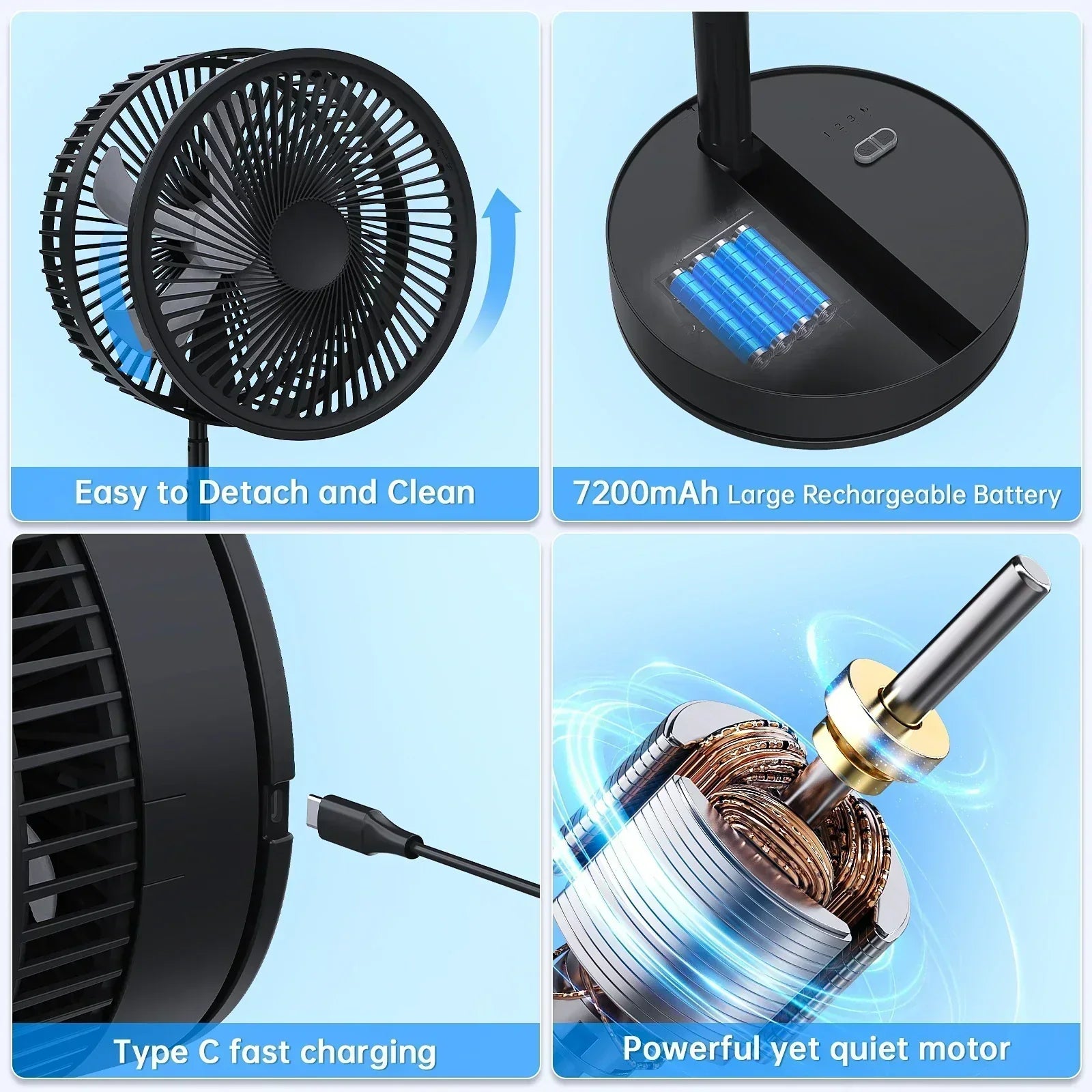 Ventilatore da pavimento pieghevole ricaricabile con batteria da 7200mAh e telecomando, 4 velocità