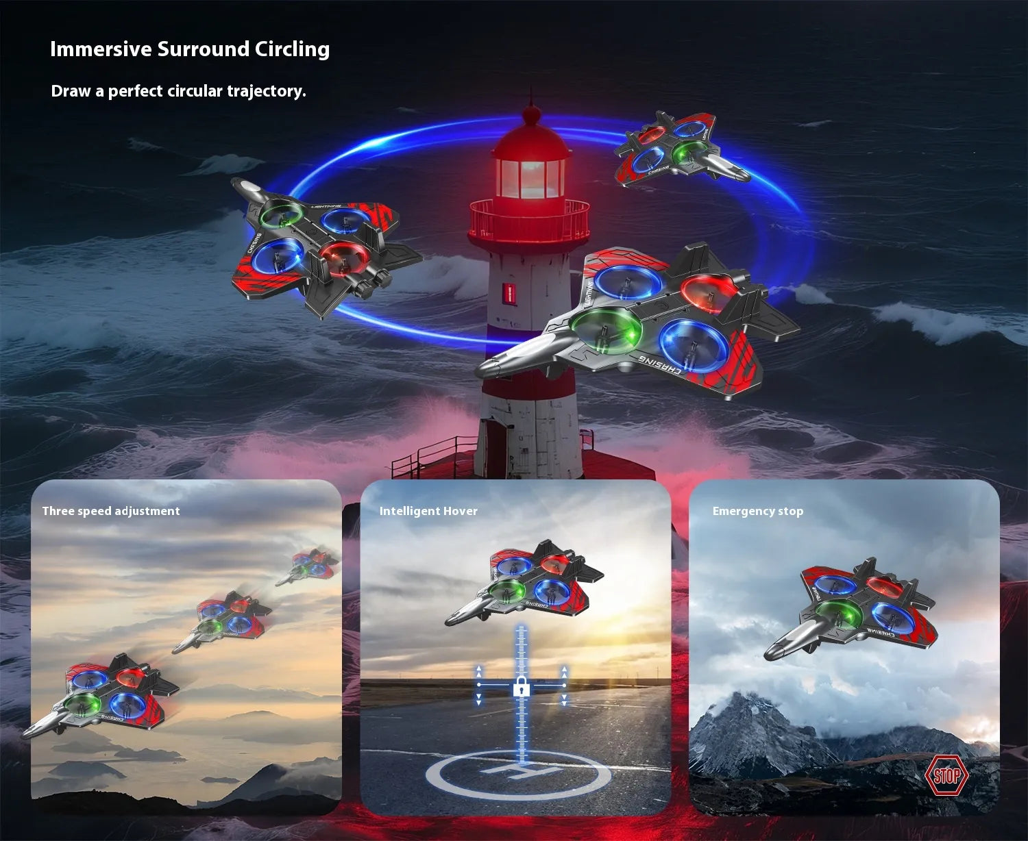 Dětský LED pěnový dron - odolný proti nárazům - dálkové ovládání - pro začátečníky - věk 5+ - modrá a červená