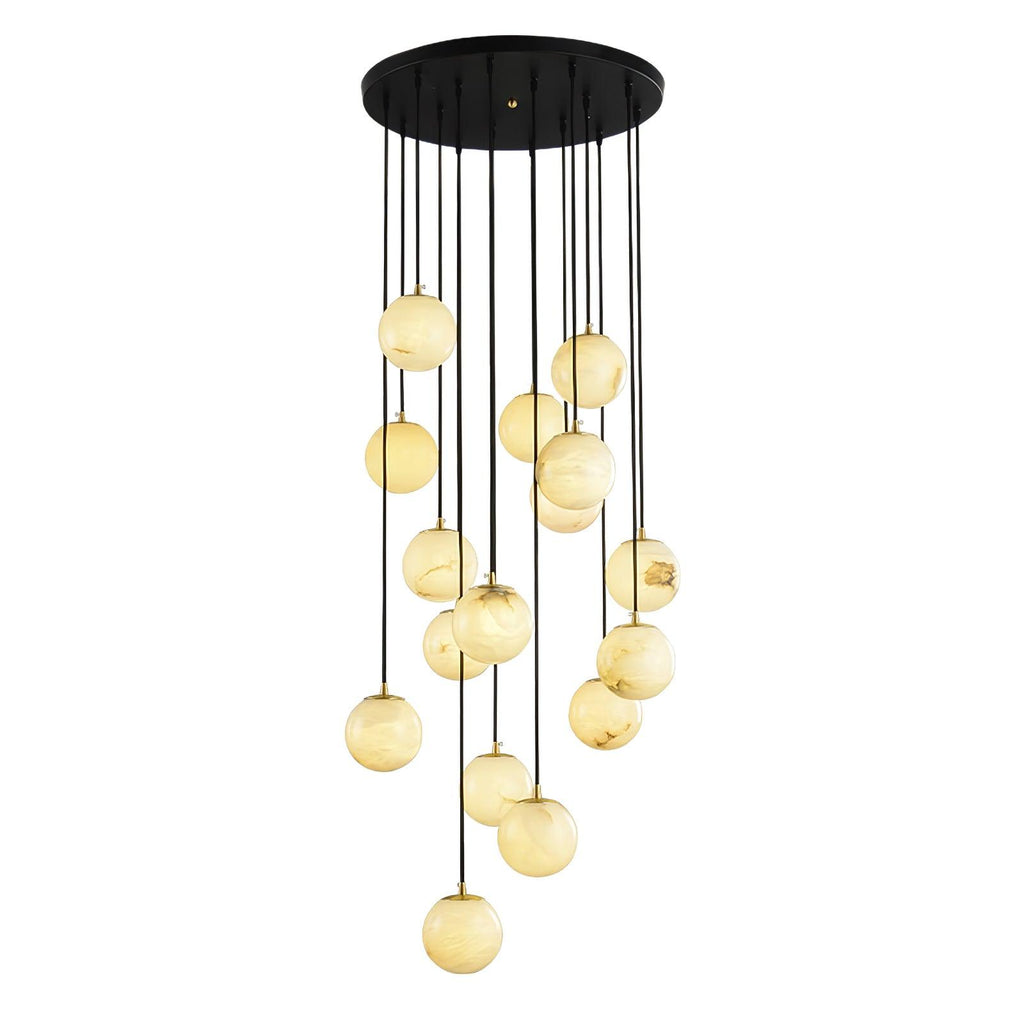 Lampadario a grappolo con sfere in alabastro a sospensione sfalsata