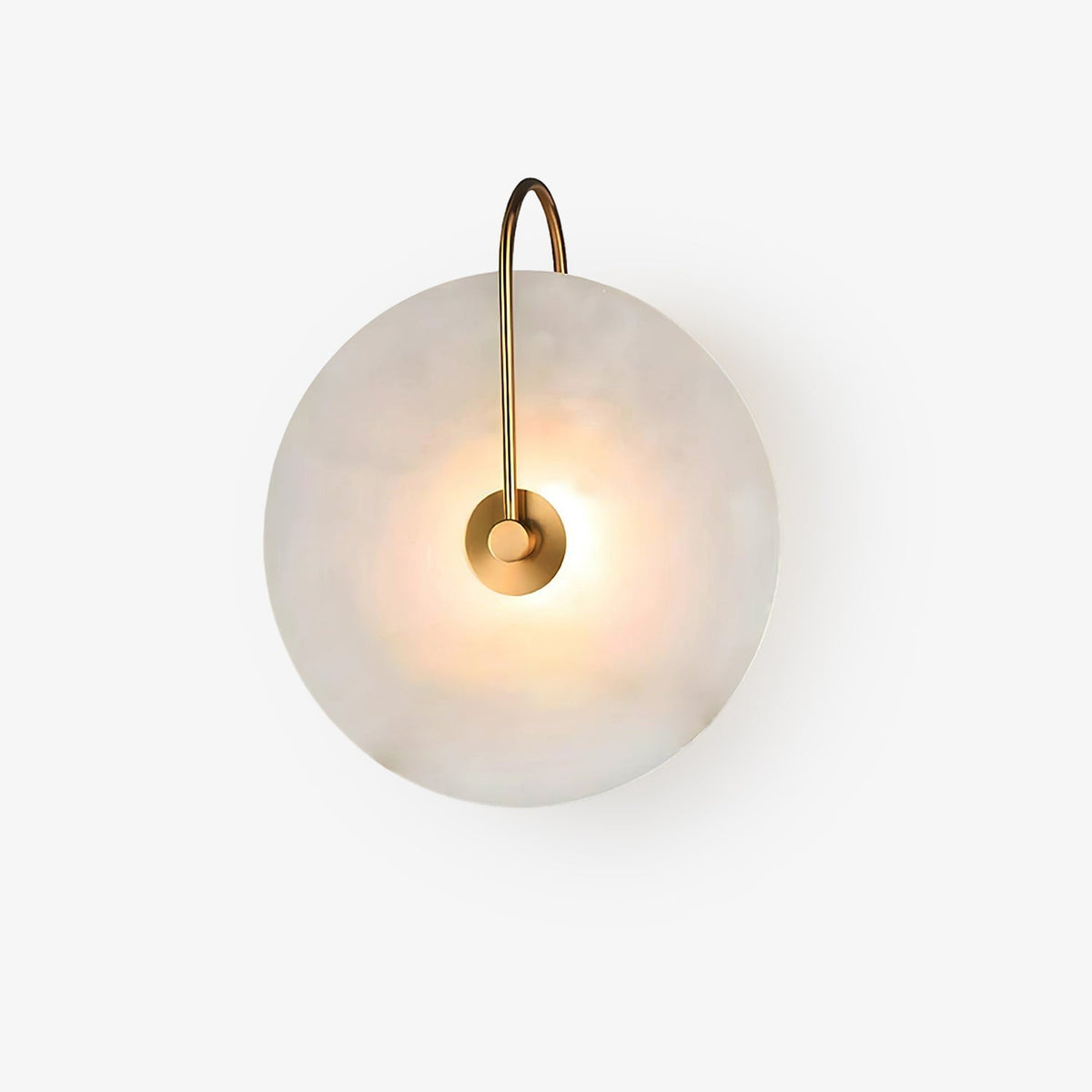 Kristy LED-vägglampa i alabaster — runt snöflingemönster, smal svart arm