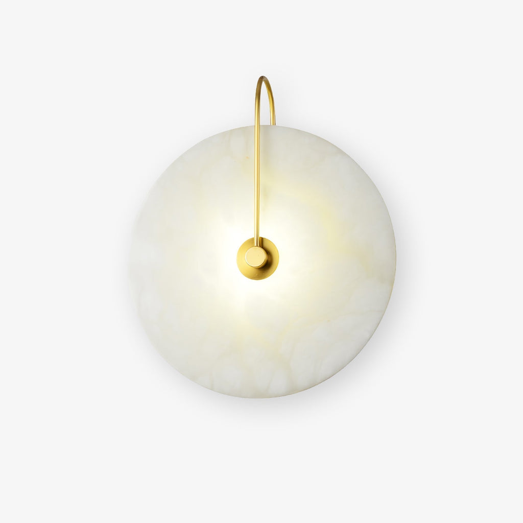 Kristy LED-vägglampa i alabaster — runt snöflingemönster, smal svart arm