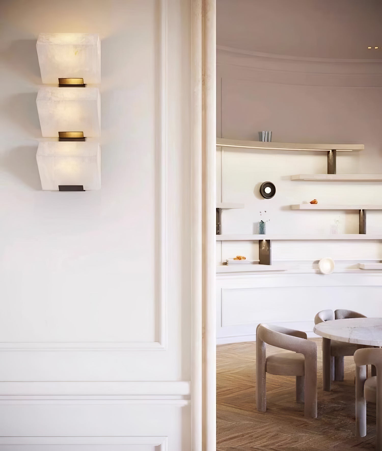 White Alabaster Staircase Wall Lamp — Stepped Paneled LED Shade