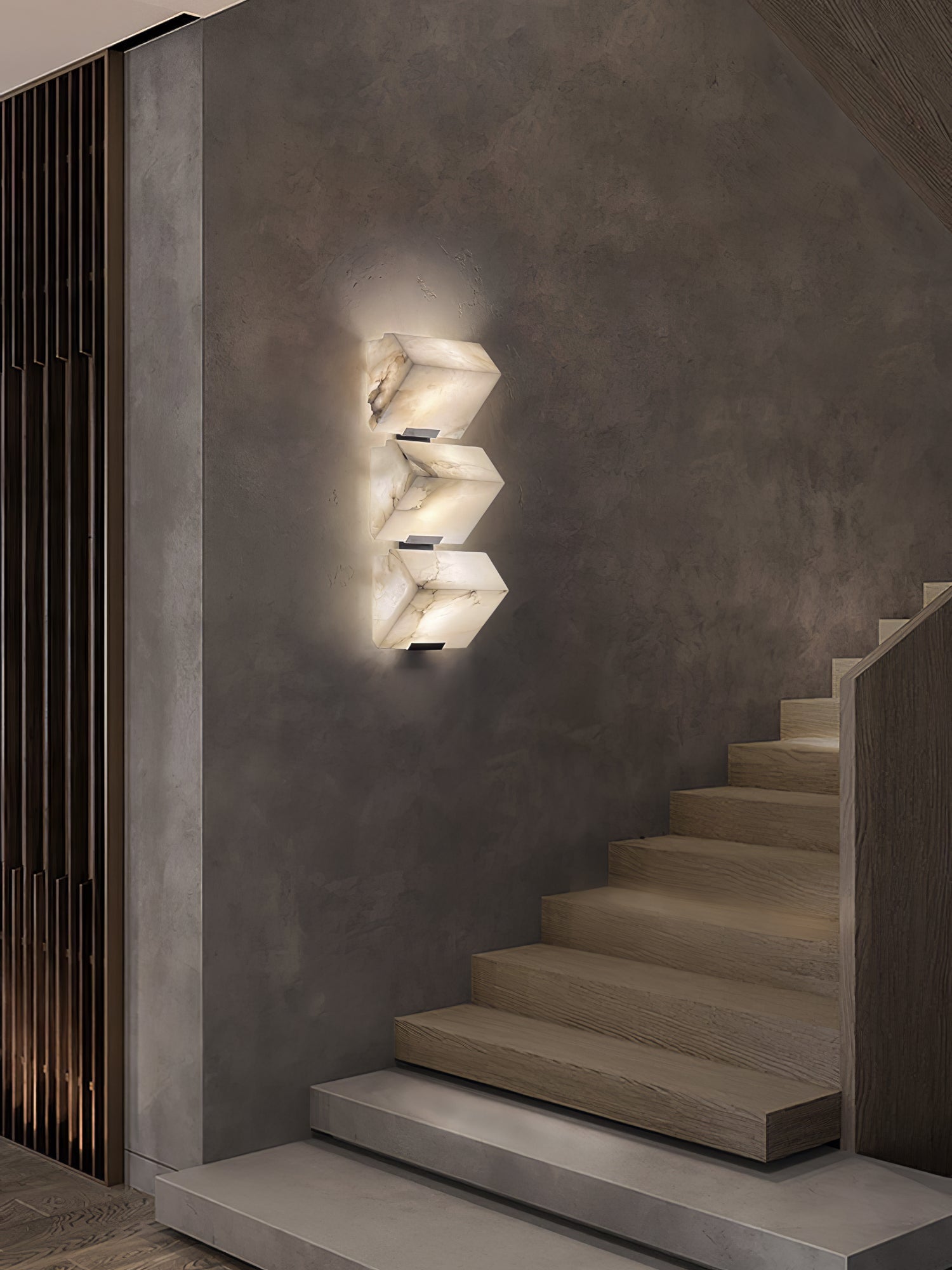 White Alabaster Staircase Wall Lamp — Stepped Paneled LED Shade