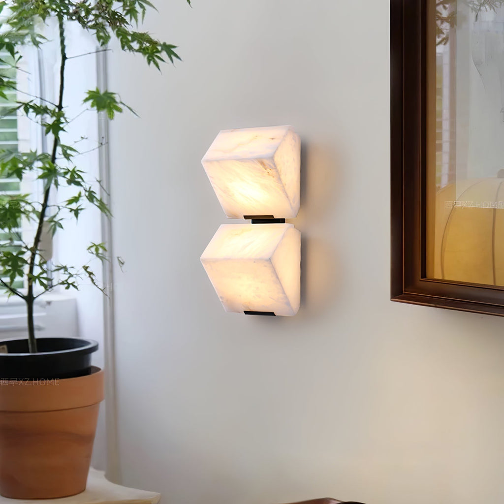 White Alabaster Staircase Wall Lamp — Stepped Paneled LED Shade
