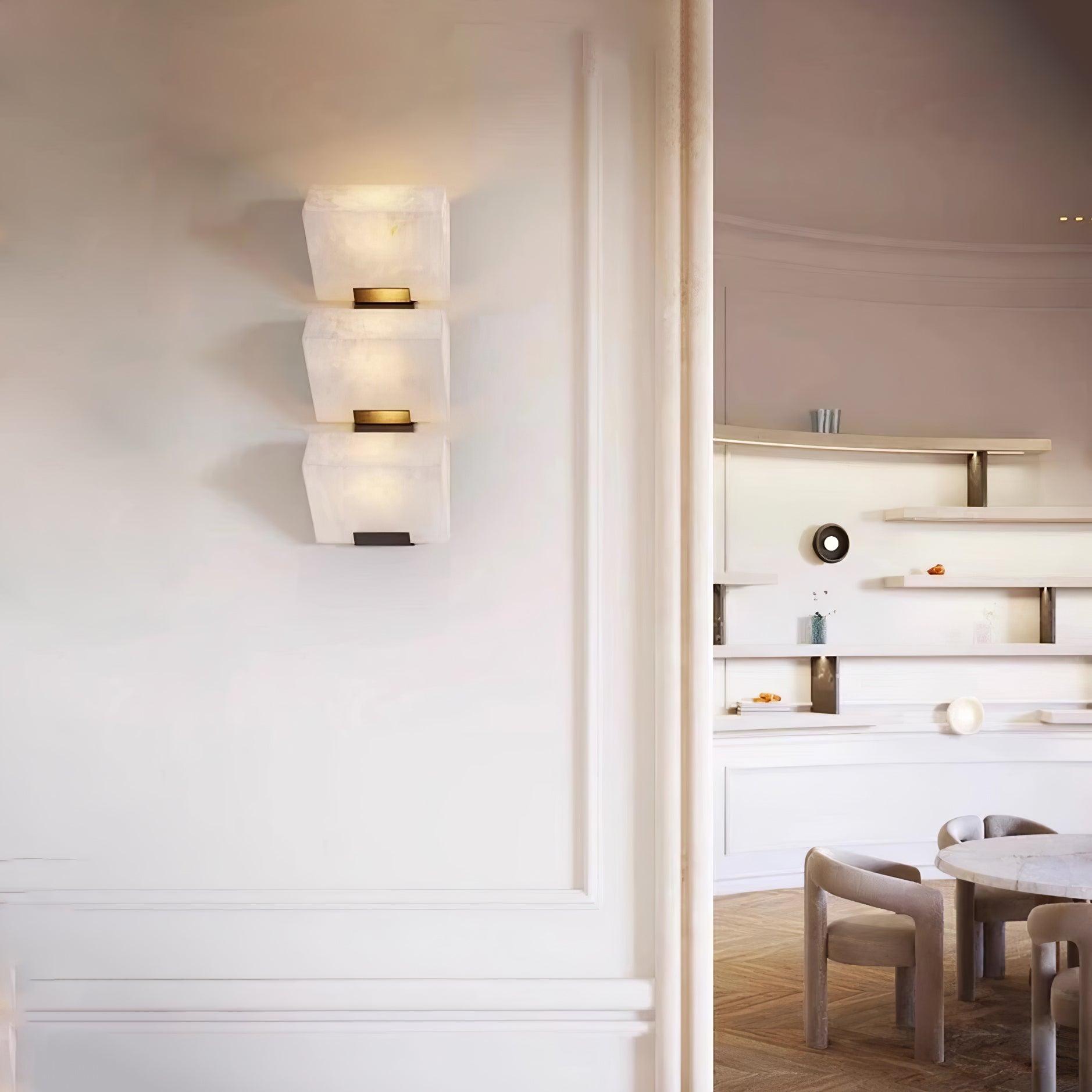White Alabaster Staircase Wall Lamp — Stepped Paneled LED Shade