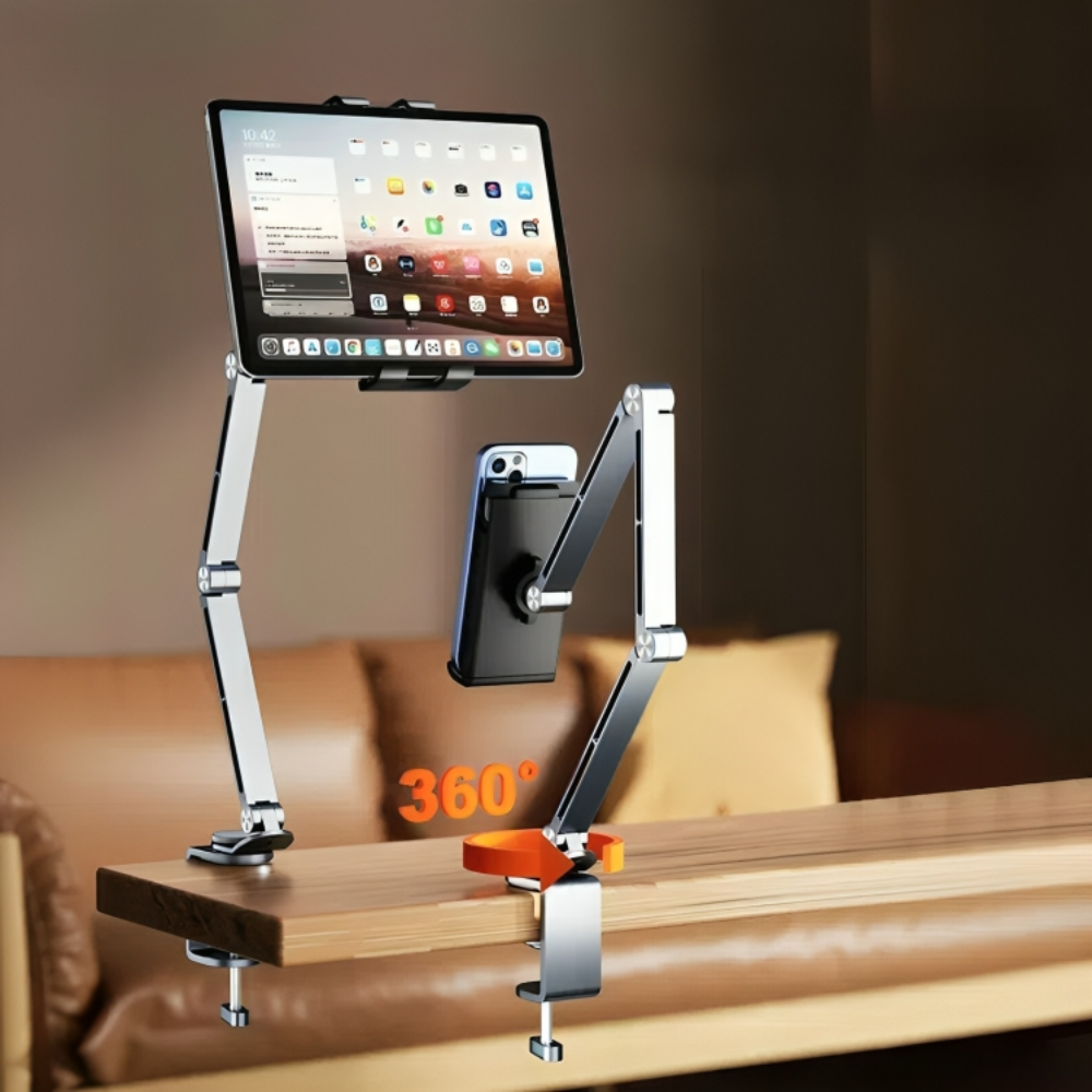 Tablet ve Telefon Standı - 360 Derece Döner - Alüminyum - Ayarlanabilir Yükseklik ve Eğme - Masa ve Yatak Kenarı için