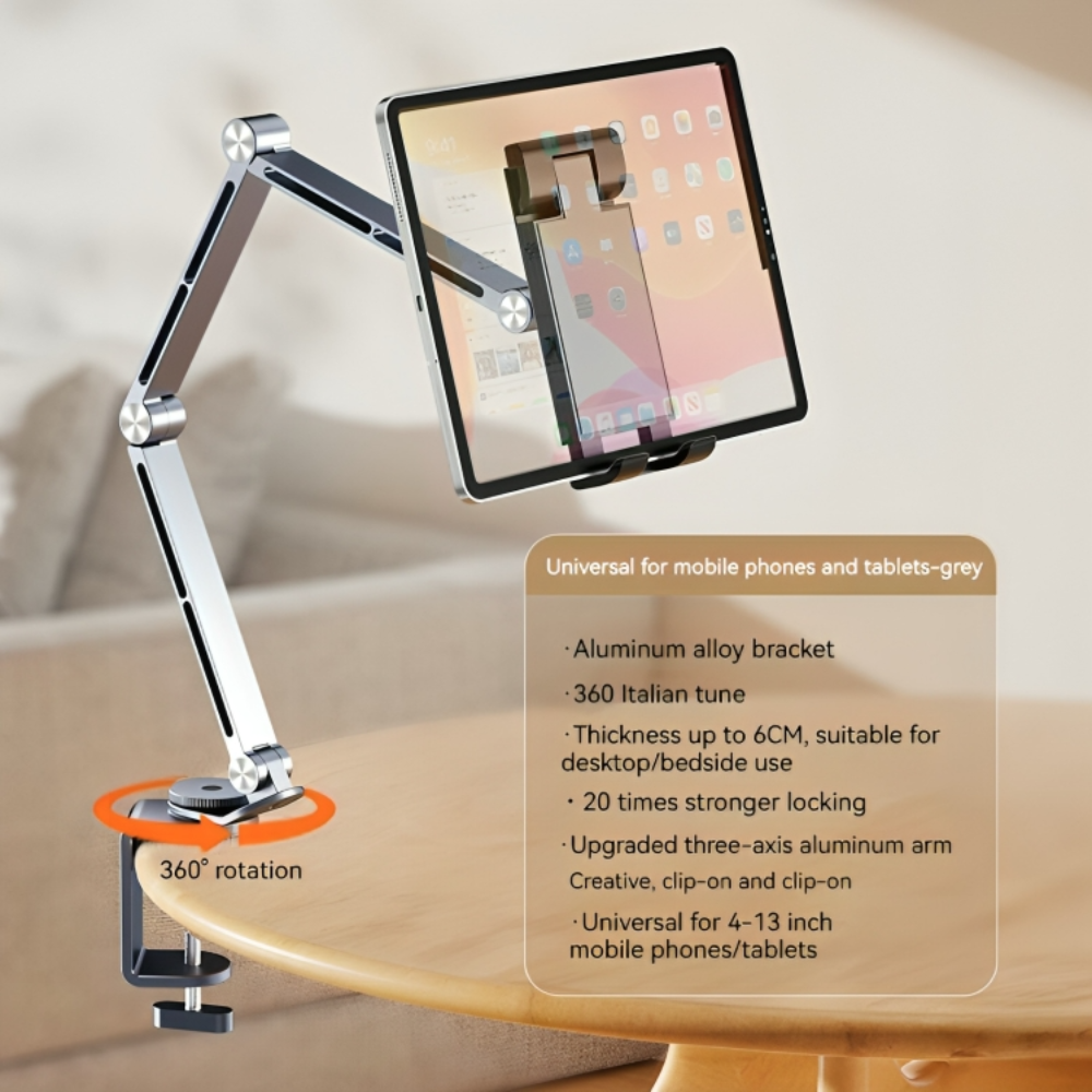 Tablet ve Telefon Standı - 360 Derece Döner - Alüminyum - Ayarlanabilir Yükseklik ve Eğme - Masa ve Yatak Kenarı için
