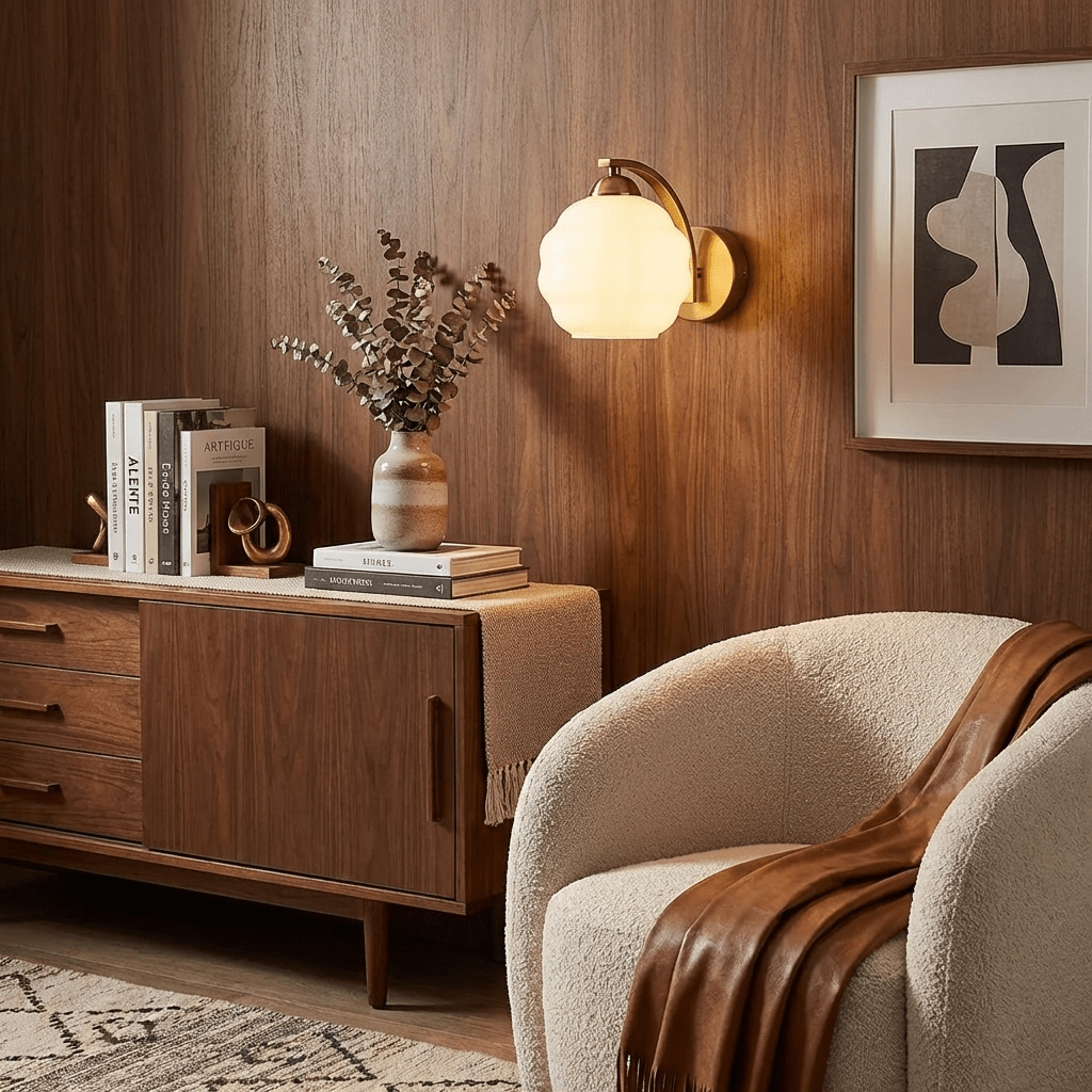 VKL-1011 Vintage nástěnné svítidlo ve stylu art deco — bílé skleněné stínidla, zakřivené linie
