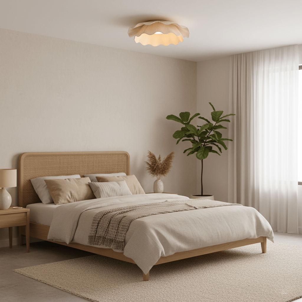 Stropní lampa Arwen s vlnitým plisovaným látkovým stínidlem zakřiveného tvaru
